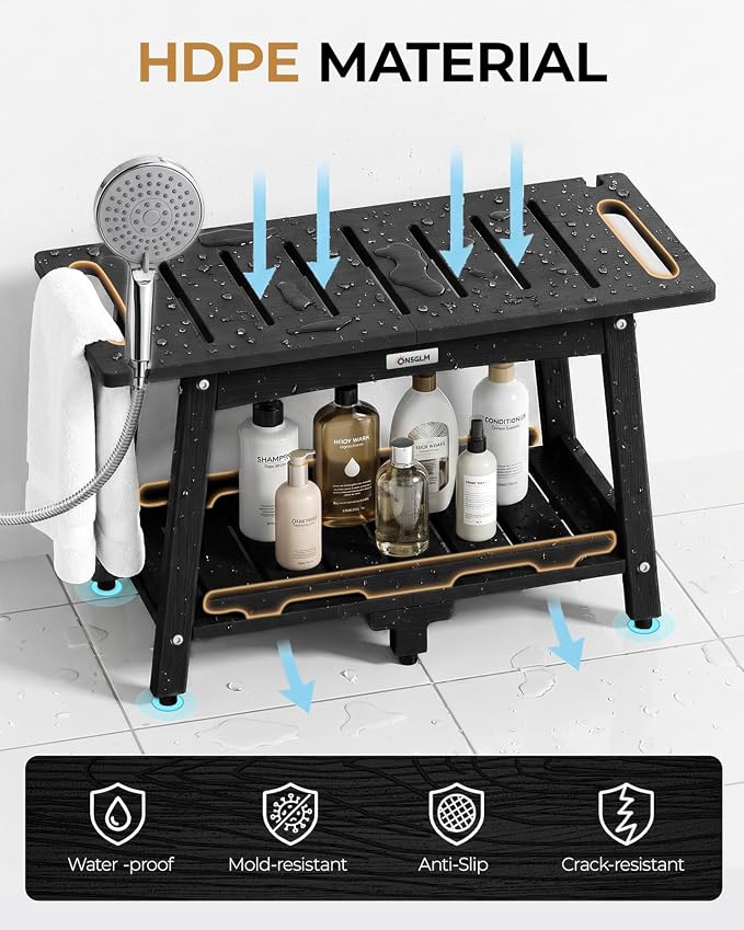 28" Extra Large Shower Bench, HDPE Waterproof Shower Chairs Seat, Adjustable and Non-Slip Feet, Shower Stool for Inside Shower to Sit On, Indoor/Outdoor Use, As Porch Bench, Garden Entryway, Black