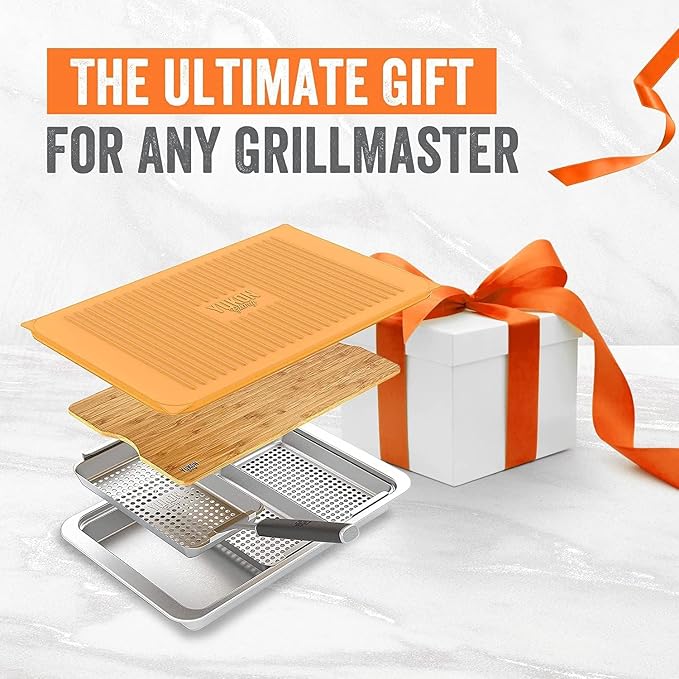Yukon Glory™ BBQ 'N SERVE Premium Set, Includes 3 Grill Baskets, Serving Tray, Bamboo Cutting Board, Plastic Lid and Clip-on Handle | 7-piece complete set | RUST-PROOF & WARP-PROOF | Bamboo board | Serving station | Clip-on handle | Dishwasher safe