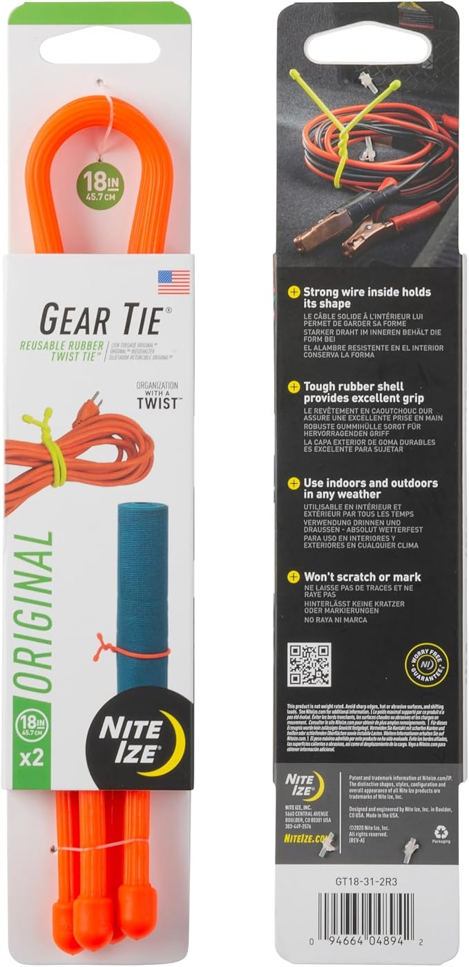 Nite Ize Gear Tie Reusable Rubber Twist Tie - Bendable Rubber Ties for Indoor & Outdoor Use - Reusable Multipurpose Twist Ties for Organizing & More - 18", Orange (3 Pack)