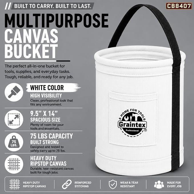 Graintex Canvas Utility Bucket 9.5"x14", Round Tool Bucket, Reinforced Base & Carry Handle, Ripstop Canvas, Ideal Multi-Purpose Bag for Jobsite, Gardening, Home Use, Tool Storage (White)