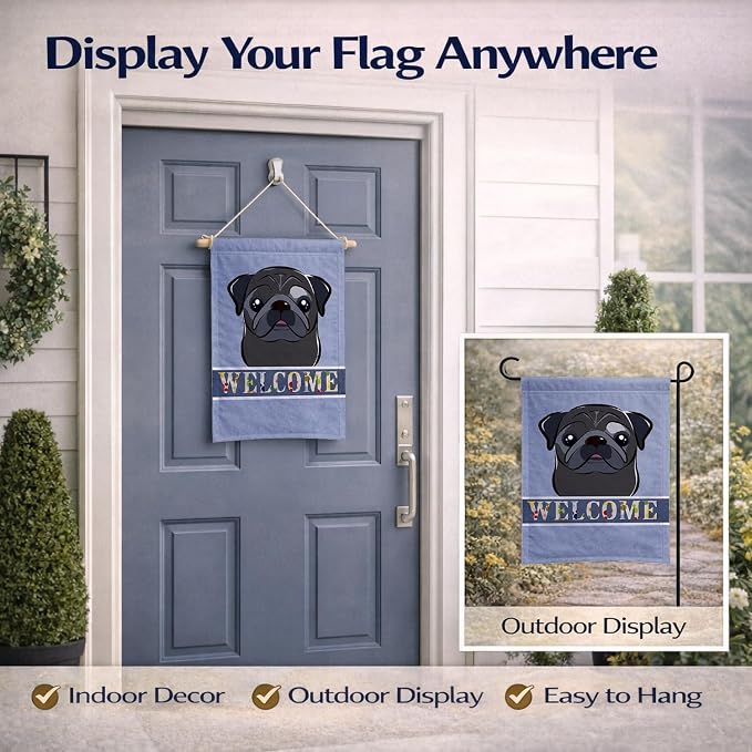 Caroline's Treasures BB1449GF Black Pug Welcome Garden Flag, Blue Mailbox Flag Decorative Yard Flag Banner Outside Patio Artwork Yard Flower Beds, Garden Size, Multicolor