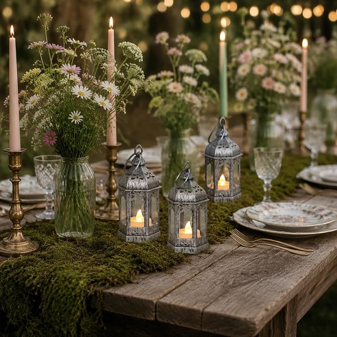 LLQ 12Pcs Mini Silver Lantern with LED Tea Light, Vintage Hanging Moroccan Small Lanterns Decorative, Battery Included, for Ramadan, Wedding, Halloween, Christmas, Diwali Table Centerpiece