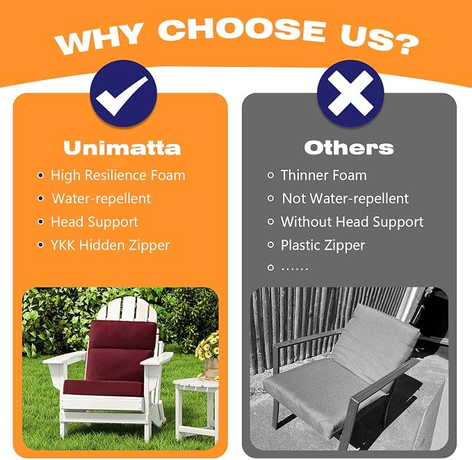 Unimatta Sunbrella Outdoor High Back Chair Cushion Seat Pads, 44 x 21 Inch Water-Repellent & Fade-Resistant Patio Furniture Cushions with Ties for Adirondack, Rocking Chairs, Spectrum Ruby