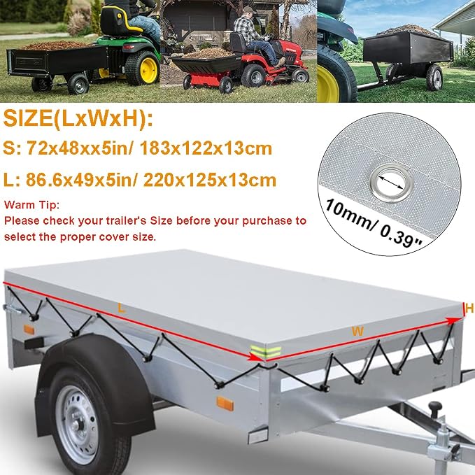 Tipping Trailer Cover for Lawn Tractor, Waterproof Utility Wagon Tow steel Dump Cart Dustproof Folding Cargo RV Trailer Camper Covers 72x48x5in Black