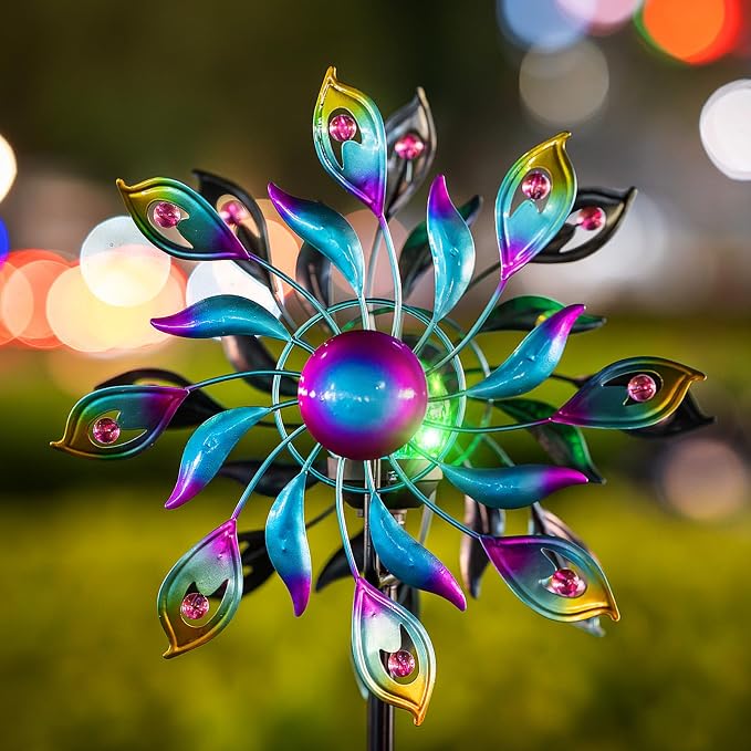 Solar Wind Spinner Outdoor Kinetic Garden Decor with LED Light Ball | Colorful Metal Wind Spinner Creates Stunning Yard Art With Rotating Petals, Perfect For Patio, Lawn, Pathway And Backyard