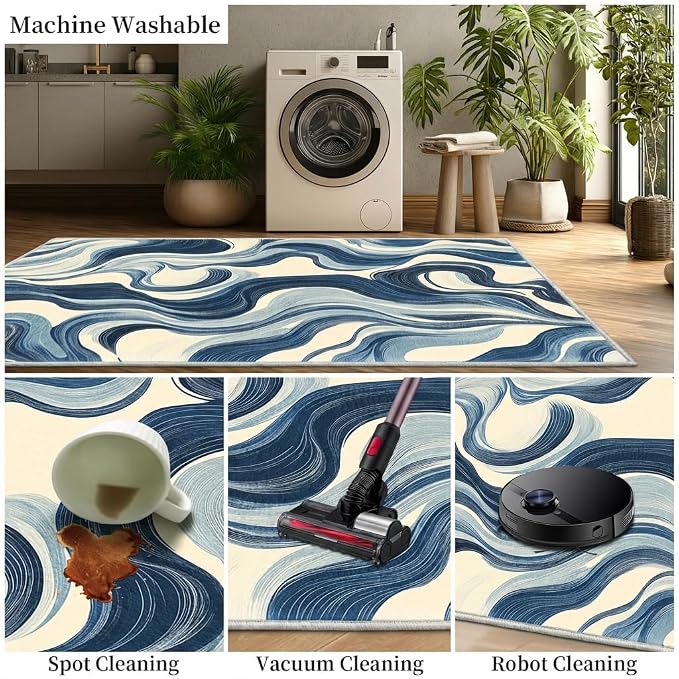 Blue and White Wave Area Rug 5x7 Modern Wavy Stripes Rugs for Living Room