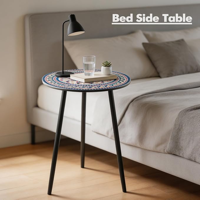 Outdoor Side Table Set of 2 Mosaic Patio Side Tables for Outside End Tables Small Outdoor Table Round Patio End Table Metal Side Table Outside, Indoor, Bedroom, Living Room, Small Spaces, Blush Mosaic