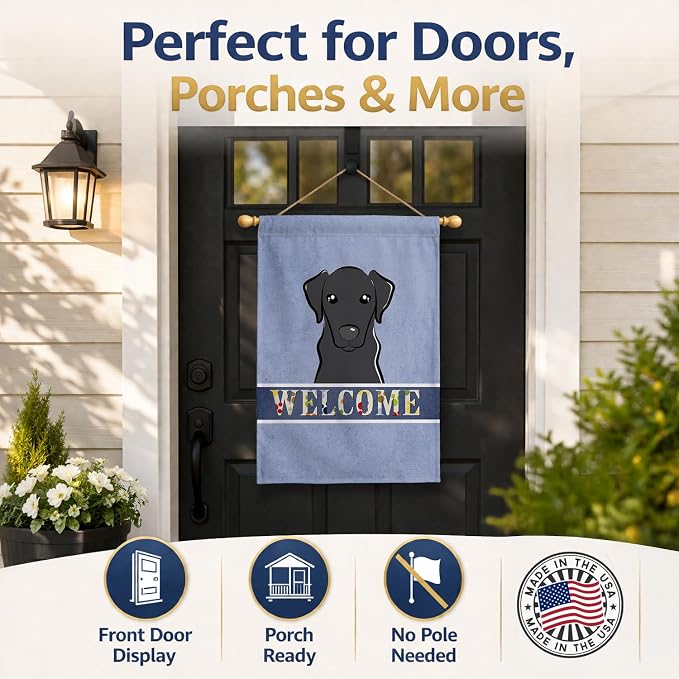 Caroline's Treasures BB1421CHF Black Labrador Welcome House Flag, Blue Large Porch Sleeve Pole Decorative Outside Yard Banner Artwork Wall Hanging, Polyester, House Size, Multicolor