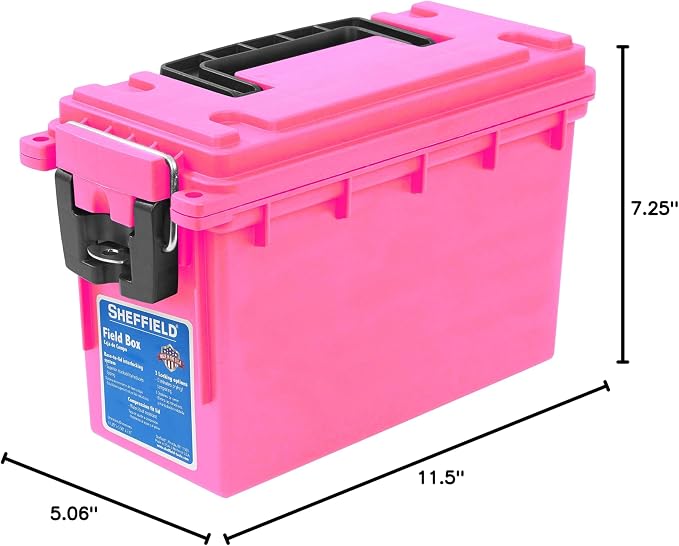 Sheffield 12631 Ammo Storage Box, Stackable .30 Cal Field Boxes, Water and Dust Resistant, Lockable Storage Box with Handle, Secures Hunting Gear, Supplies, and Bullets, Made in USA, Pink, (Pack of 6)