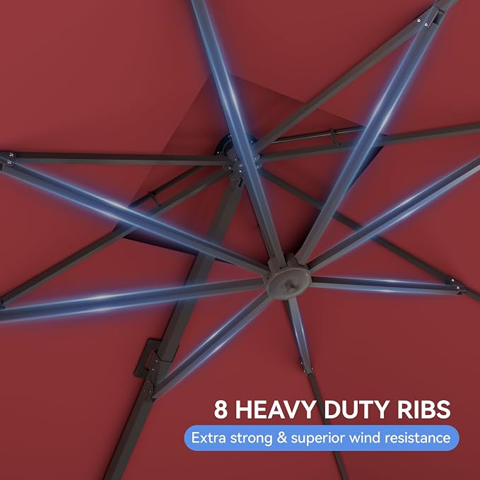 10x10FT Red Cantilever Outdoor Patio Umbrella with Base, Large Square Offset Design, Double Top Heavy Duty Aluminum Frame & 360° Rotation for Pool Garden Deck Backyard