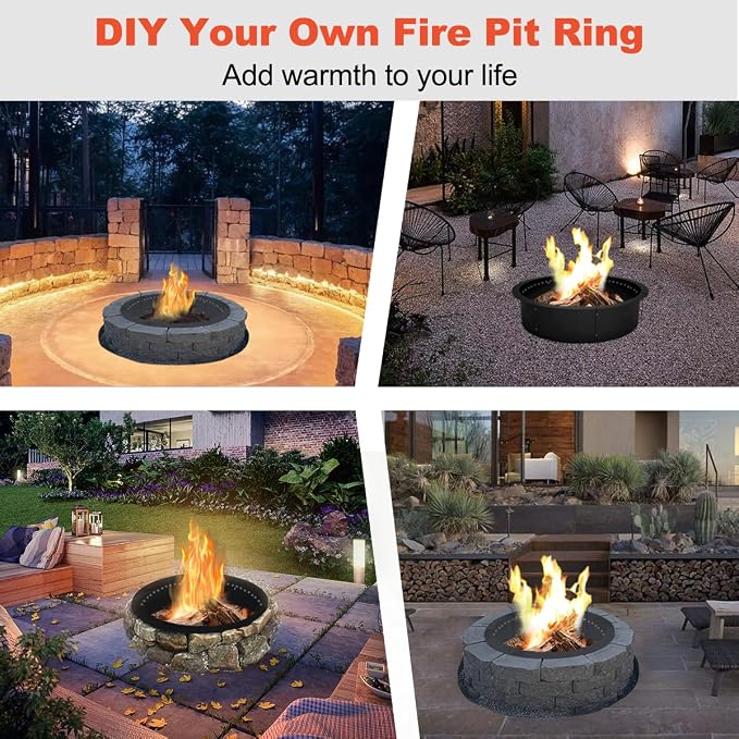 Koutemie Outdoor Smokeless Fire Pit Ring Liner 32-Inch Outer/28-Inch Inner Diameter, Heavy Duty Solid Metal Steel Round Firepit Rim Insert for Outside DIY Campfire Ring Above or In-Ground, Black