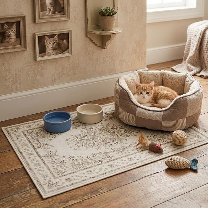 GarveeHome 2x3 Small Rug for Kitchen Vintage Floral Bordered Throw Rug | Leaf Flower Doormat Distressed Botanical Accent Mat Machine Washable Non-Slip Beige Carpet for Hallway Porch Bathroom