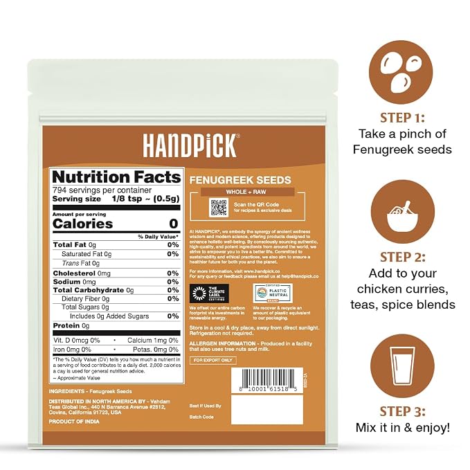 HANDPICK Fenugreek Seeds (14oz) ALL NATURAL Fenugreek - Indian Origin Whole Methi Seeds (Trigonella Foenum Graecum) Fenogreco En Semillas | Resealable Ziplock Pouch