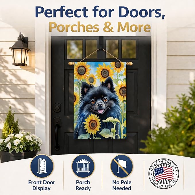 Caroline's Treasures DAC6135CHF Pomeranian in Sunflowers House Flag Large Porch Sleeve Pole Decorative Outside Yard Banner Artwork Wall Hanging, Polyester, House Size, Multicolor