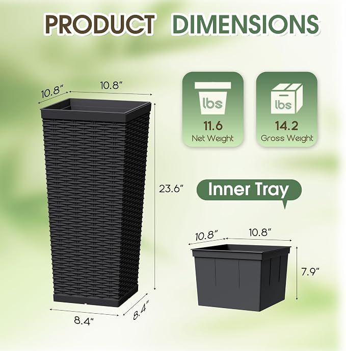 24 Inch Tall Plastic Planters (Set of 2), Detachable Inner Pot & Drainage Holes, Outdoor Decorative Flower Pots for Large Plants, Trees, Patio, and Garden, Black