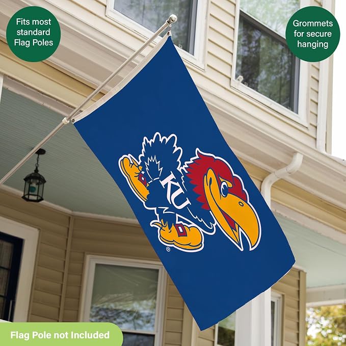 NCAA University of Kansas Flag with Grommets, 3'x5' KU Jayhawks Outdoor College Flags & Banners for Garden Patio Indoor Wall Décor