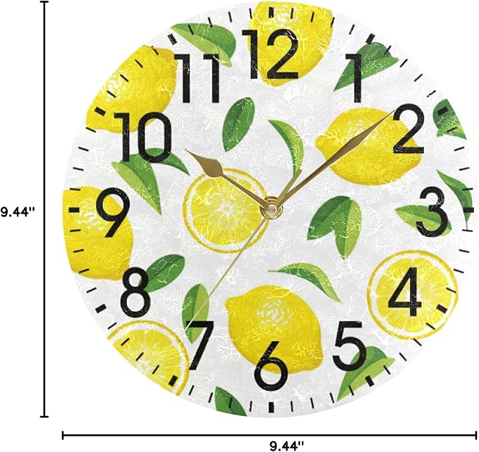 ALAZA Home Decor Summer Lemon Fruit Leaves 9.84 inch Round Acrylic Wall Clock Non Ticking Silent Clock Art for Living Room Kitchen Bedroom(Gold Pointer)