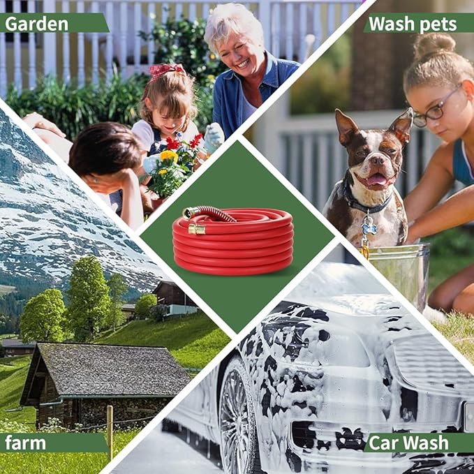 Guitrees 25FT 3/4 Heavy Duty Rubber Garden Hose - 300psi Working, 1000psi Burst - Hot/Cold Water - Five-Layered Braiding for Durability - Versatile for Gardening, Agriculture, Construction(Red)
