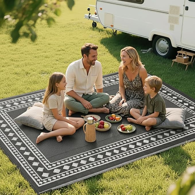 RURALITY Outdoor Rugs 6x9 Waterproof for Patios Clearance,Plastic Straw Mats for Backyard,Porch,Deck,Balcony,Grey and White