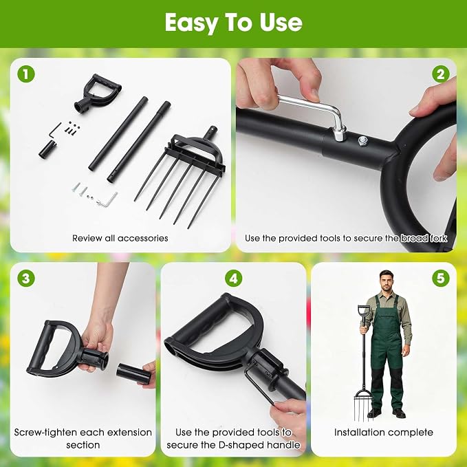 Broadfork Garden Tool, 51IN Pitch Fork for Gardening 5-Tine Heavy Duty Garden Fork with Ergonomic D-Grip Handle for Digging Loosening Soil Cultivating Weeding Composting