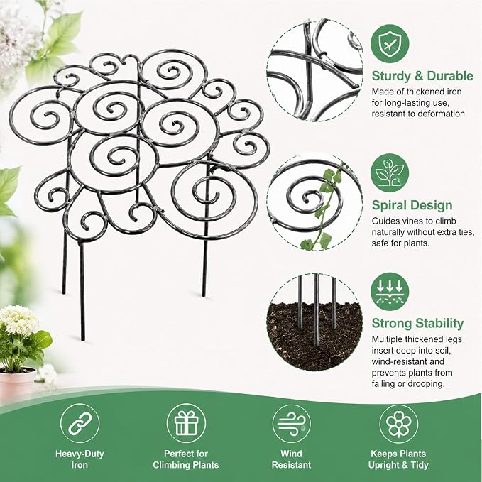 Scroll Metal Plant Support Rings – Heavy Duty Iron Garden Flower Stakes for Peony, Rose, Clematis & Vegetables, Decorative Spiral Plant Cage with Anti-Rust Coating (Medium)