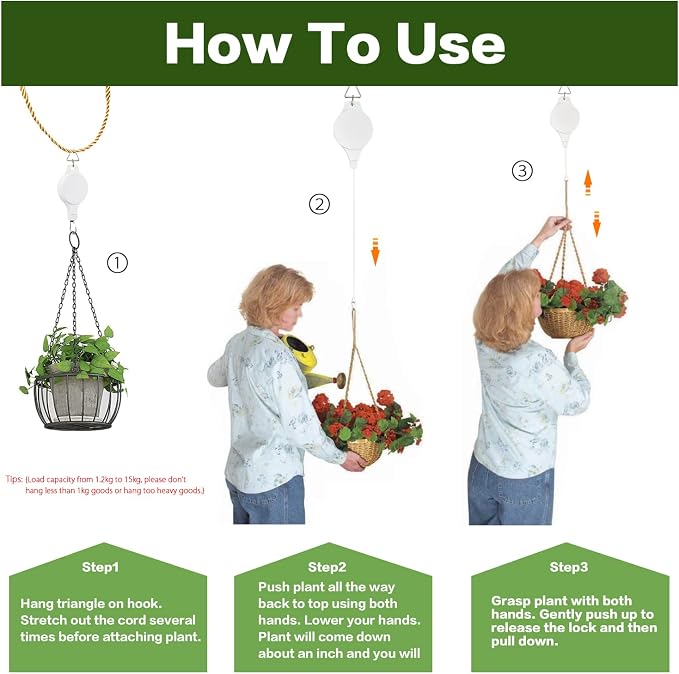 Sungmor Plant Pulleys 3PC White Adjustable Plant Hangers, Indoor Outdoor Retractable Hanging Plant Hook, Telescopic Higher Lower Easy Reach Ceiling Hooks for Hanging Flower Basket Planter Bird Feeder