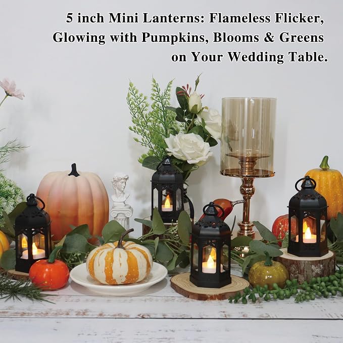 LLQ 8Pcs Mini Lanterns for Centerpiece, Medieval Gothic Fairy Party Decor, Decorative Candle Lanterns for Indoor, Small Vintage Lantern for Halloween Christmas Wedding Table Decor, Black