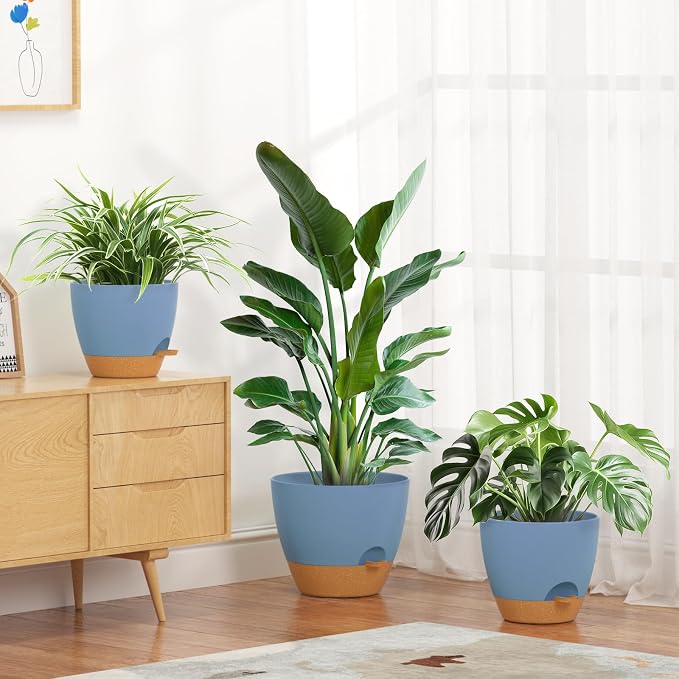 12/10/9/8/6 Inch Self Watering Pots for Indoor Outdoor Plants, Set of 5 Large Plastic Planters with Visual Water Window, Drainage Holes & Watering Lip, Modern Decorative Flower Pots (Blue)