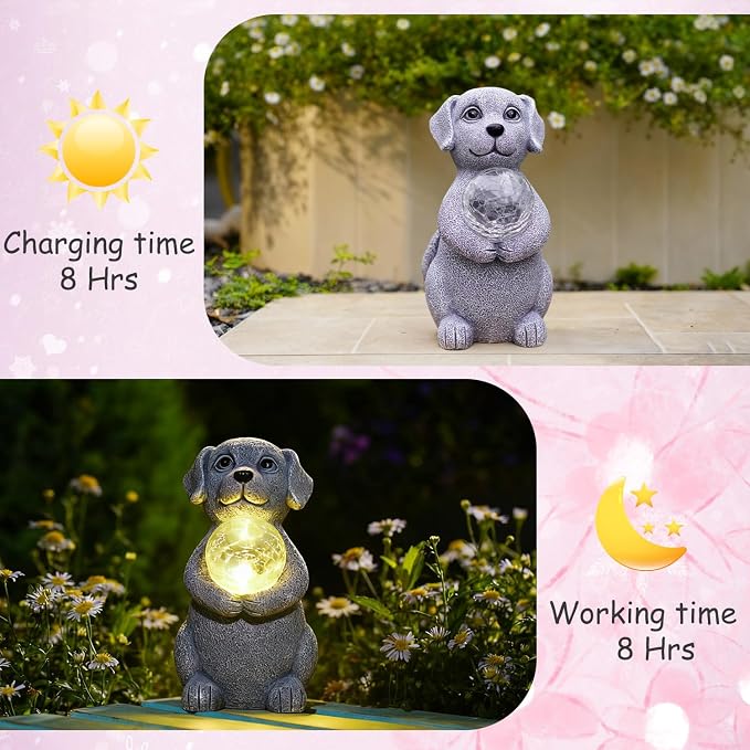 Dog Garden Statues - 8.4 Resin Dog Decor LED Lights | Outdoor Garden Decor for Lawn Porch Yard - Unique Dog Gifts for Mom Grandma