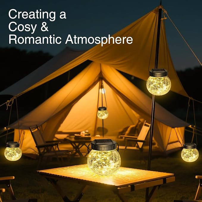 Kolpop Solar Lanterns Outdoor Waterproof 6 Pack, Hanging Solar Lights with 30 LED, Cracked Glass Hanging Globes for Garden Patio Fence Yard Christmas Tree Decoration,Warm White