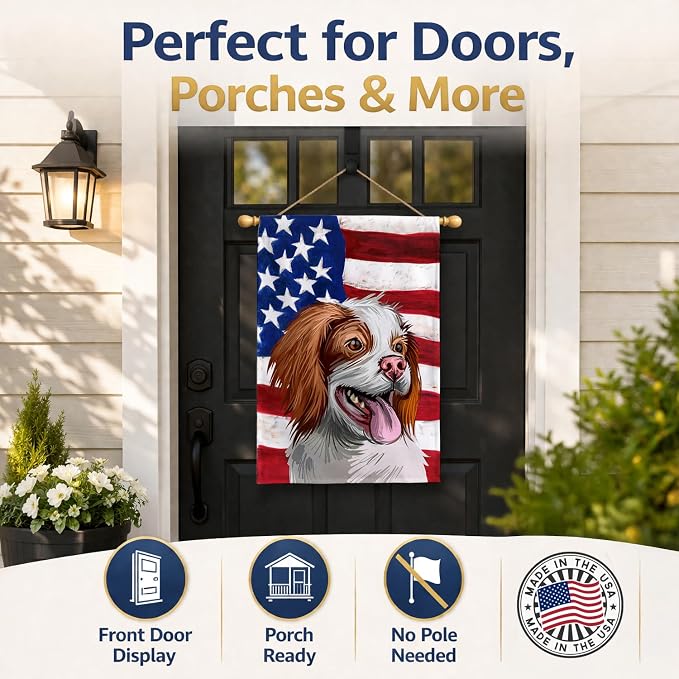 Caroline's Treasures CK6529CHF French Brittany Dog American Flag House Flag Large Porch Sleeve Pole Decorative Outside Yard Banner Artwork Wall Hanging, Polyester, House Size, Multicolor