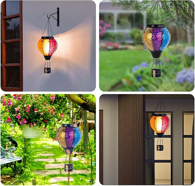 Solar Hot Air Balloon Outdoor Lantern with Flickering Flame, Handmade Glass Hanging Outdoor Lantern Waterproof Decorative Lantern Lamp for Patio, Garden, Porch (Colorful) | Handmade Glass, Waterproof, Decorative Lantern Lamp, for Patio, Garden, Porch, ...