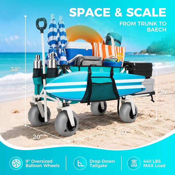 Heavy Duty Beach Wagon with 9" Big Sand-Proof Balloon Wheels, 200L Oversized Foldable Beach Cart, 440LBS Utility Wagon with Side Pocket for Sand,Camping,Vacation