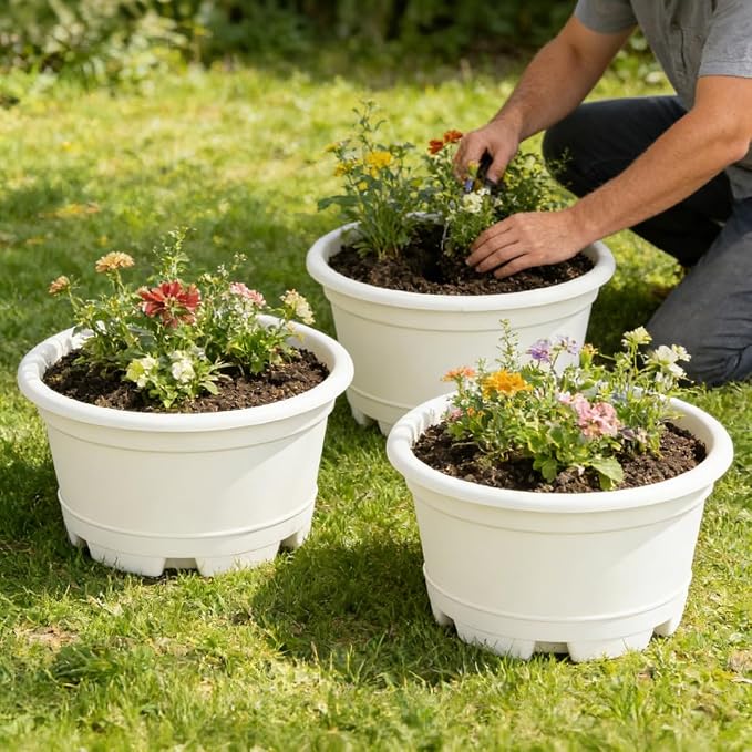 KPUVX 5 Pack 10.5 inch Plant Pots,Planter-Pots-for-Plants,Plastic Flower Pot for Indoor Outdoor Plants with Drainage Holes & Trays, Decorative Garden Containers Sets for Houseplants