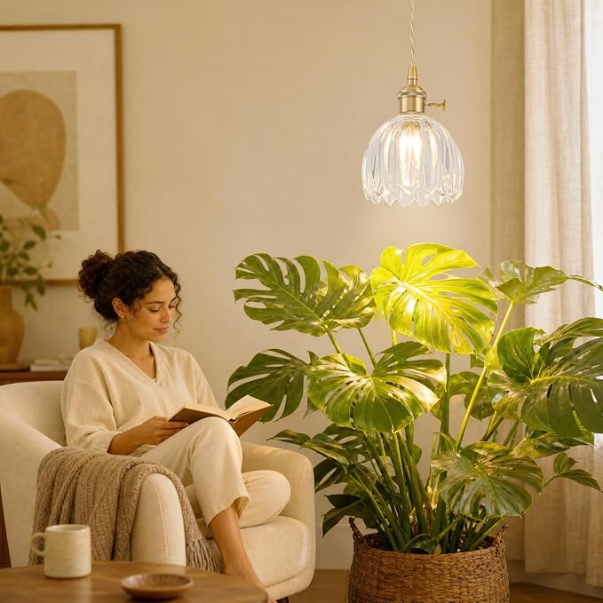Hanging Grow Lights for Indoor Plants, 12W Full Spectrum 98+ CRI Grow Lamp, Dual CCT 3000K/4000K, Dual Switches, Pulley Height Adjustable, 13.12FT Cord, Petal Glass Plant Light for Indoor Flowers