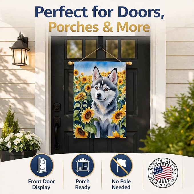 Caroline's Treasures DAC6004CHF Alaskan Klee Kai in Sunflowers House Flag Large Porch Sleeve Pole Decorative Outside Yard Banner Artwork Wall Hanging, Polyester, House Size, Multicolor