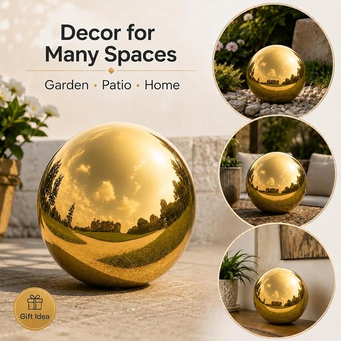 Gazing Ball Garden Mirror Outdoor - 12 Inch Outside Decorative Globe, Gold | Metal Polished Reflective Sphere, Stainless Steel Hollow Decoration Ornament for Home Pond Swimming Pool Housewarming Gift