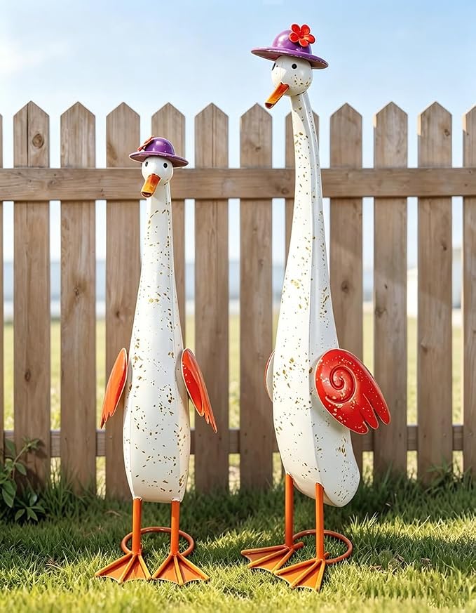 22" Duck Garden Statue Set of 2 Metal Ducks | Outdoor Yard Art Porch Animal Figurine Lawn Ornament Rustproof Yard Sculptures for Outside Patio Backyard Decorations