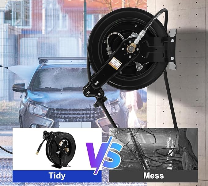 50FT x 3/8"Retractable Pressure Washer Hose Reel, Heavy Duty Steel Professional Power Wash Hose Reel with 5 ft Lead ,4000 PSI ,for Oil/Air/Water