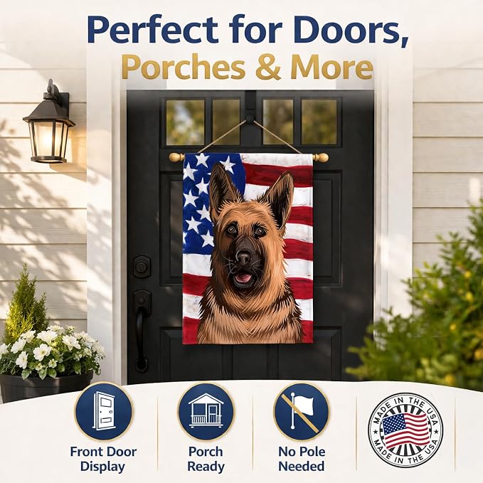 Caroline's Treasures CK6536CHF German Shepherd Dog American Flag House Flag Large Porch Sleeve Pole Decorative Outside Yard Banner Artwork Wall Hanging, Polyester, House Size, Multicolor