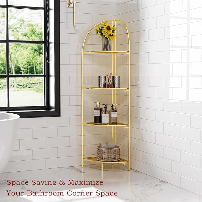Crofy Foldable 4 Tier Corner Shelf, Metal Corner Plant Stand with Gold Frame and Gold Shelves, Corner Display Rack Multipurpose Shelving Unit for Living Room, Bedroom, Bathroom