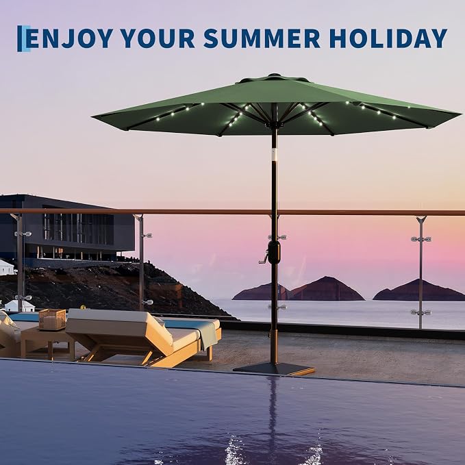 Patio Umbrella with Solar Lights, Outdoor Table Umbrella with 8 Durable Ribs, Tilt & Crank Mechanism, Water & UV Protection Sun Shade Umbrella for Garden, Poolside, Backyard (Dark Green, 10 FT)