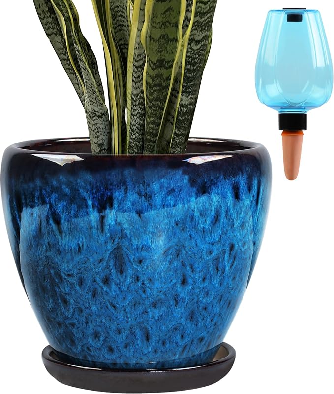 Ceramic Pots for Plant with Self Watering Globes, 10 inch Planters for Indoor Plants with Saucer, Glaze Flower Pots Outdoor with Drainage Holes, Decorative Garden Pots