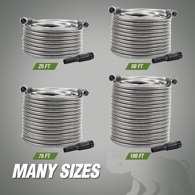 RUGGED RHINO Metal Garden Hose with Spray Nozzle, 75FT, 304 Stainless Steel, 750 PSI Burst Strength, Heavy Duty Flexible Water Hose, Kink Resistant, Leakproof for Yard, Lawn and Outdoor Use, Silver