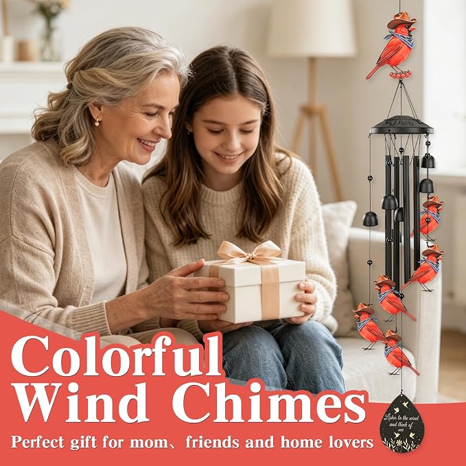 Cardinal Wind Chimes Outdoor Metal Windchimes Garden Patio Decor | Cardinal Gifts for Women Ideal Memorial/Housewarming/Birthday/Festival Gifts Front Yard Decor