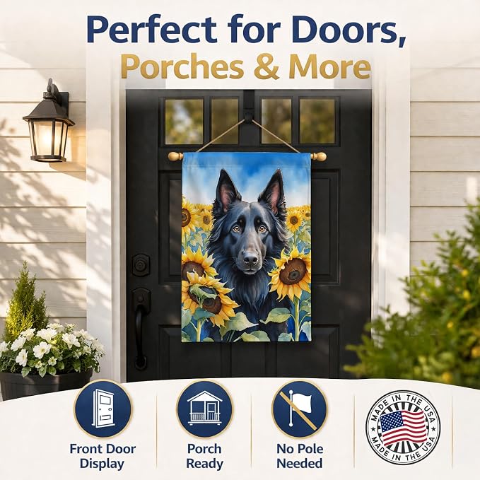 Caroline's Treasures DAC6023CHF Belgian Sheepdog in Sunflowers House Flag Large Porch Sleeve Pole Decorative Outside Yard Banner Artwork Wall Hanging, Polyester, House Size, Multicolor