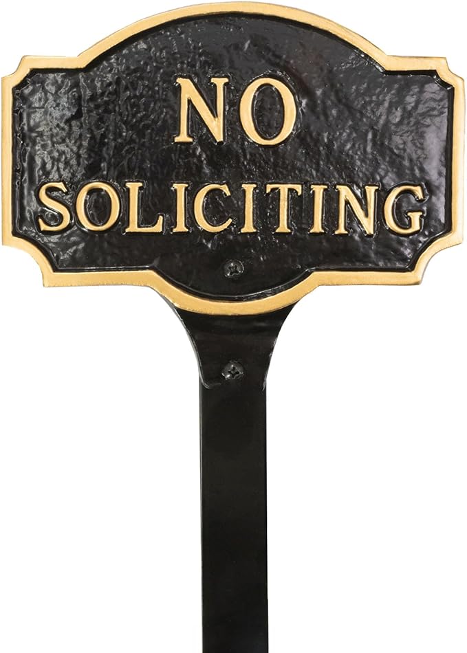 Montague Metal Products Montague No Soliciting Statement Plaque, Cast Metal No Soliciting Statement Sign - WALL Display Plaque - Warning Signs - Business - Easy to Install - UV Resistant (Black/Gold, 4.5" x 7.15" with 17.5" Lawn Stake)