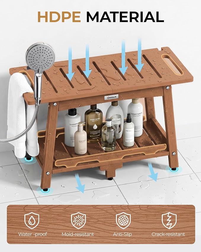 28" Extra Large Shower Bench, HDPE Waterproof Shower Chairs Seat, Adjustable and Non-Slip Feet, Shower Stool for Inside Shower to Sit On, Indoor/Outdoor Use, As Porch Bench, Garden Entryway, Teak