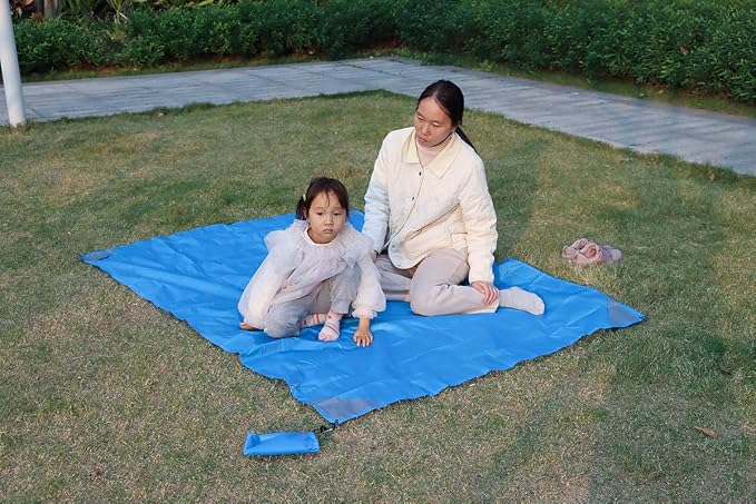 Orga'Neat Pocket Picnic Blanket, Beach Mat Waterproof Sandproof, Compact Lightweight Small Tarp for Camping, Hiking, Backpacking, Festival, Travel, Foldable in Bags (Blue/Grey, 55"x79")