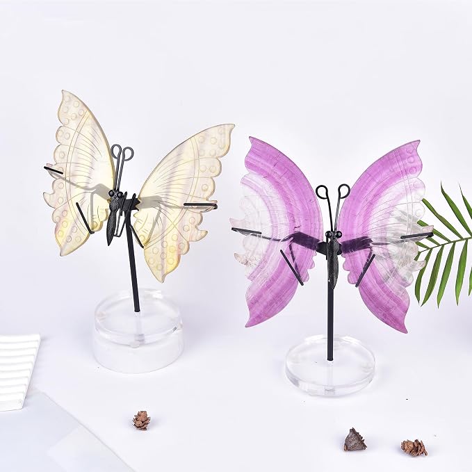 JIC Gem Large Yellow Fluorite Crystal Butterfly Art Cute Gemstone Butterfly Decorative Yellow Crystal Butterfly Wings with Stand Reiki Healing and Crystal Grid Meditation Decor Gifts (1pair, 17-18cm)